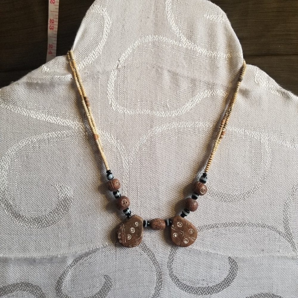Boho Clay Beaded Ladies Necklace Tribal Brown And Cream